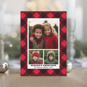 Cartes Pour Fêtes Annuelles 3 Photo Buffalo plaid Rustic Red Black Instant