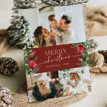 Cartes Pour Fêtes Annuelles 3 Photo Burgundy Red Elegant Joyeux Noël<br><div class="desc">Cette collection présente des fleurs rouges aquarelles,  des baies et de la verdure hivernale avec une typographie moderne et élégante,  avec un motif botanique d'hiver.</div>