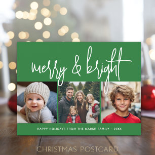 Cartes Pour Fêtes Annuelles 3 Photo Collage de Noël - Joyeux & Lumineux vert -