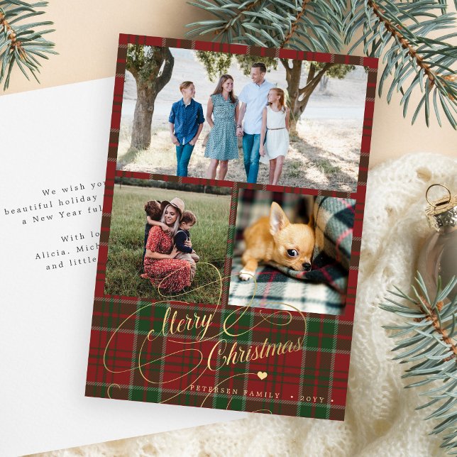 Cartes Pour Fêtes Annuelles 3 photo collage Joyeux script Noël plaid (Créateur téléchargé)