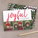 Cartes Pour Fêtes Annuelles 3 Photo Collage - Joyful Bonnes Fêtes Black<br><div class="desc">Shades of green botanical leaves with coral red berries - A whimsical design with a 3 photo collage on the front and a modern eucalyptus branch pattern on the back. Le Greeting is a large solive font font that is moderne et rustic. Customize this with 3 photos and family name....</div>