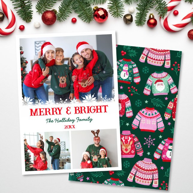 Cartes Pour Fêtes Annuelles 3 Photo Collage laide Sweater Noël (3 Photo Collage Ugly Sweater Christmas Holiday Card)