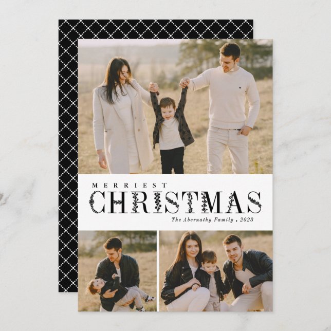 Cartes Pour Fêtes Annuelles 3 Photo Collage Lettres de verdure Noël Noir (Devant / Derrière)