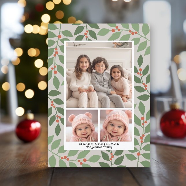 Cartes Pour Fêtes Annuelles 3 Photo Collage Saison Botanique Moderne Salutatio (Modern Christmas Photo Greeting Card)