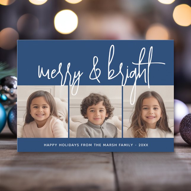 Cartes Pour Fêtes Annuelles 3 Photo Collage Script bleu blanc Joyeux brillant (Modern Christmas Photo Greeting Card)