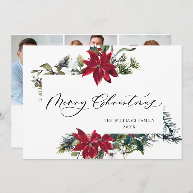 Cartes Pour Fêtes Annuelles 3 PHOTO Elégant Poinsettia voeux de Noël (Devant / Derrière)