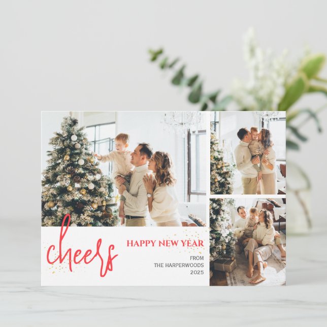 Cartes Pour Fêtes Annuelles 3 Photo Elegant Script Modern Happy New Year (Debout devant)