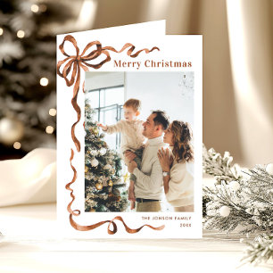 Cartes Pour Fêtes Annuelles 3 Photo Festif Noël Boho Beige Bow Ribbon