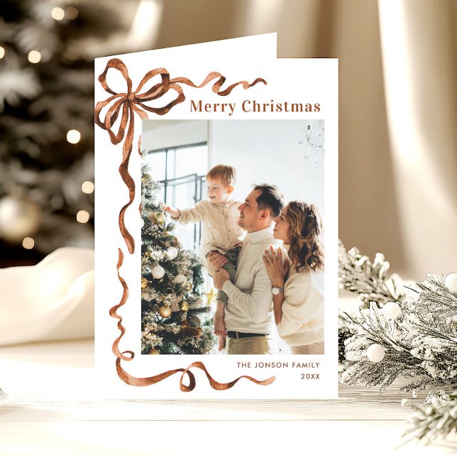 Cartes Pour Fêtes Annuelles 3 Photo Festif Noël Boho Beige Bow Ribbon (Créateur téléchargé)