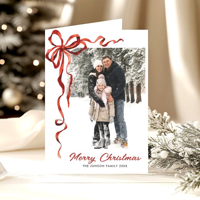 Cartes Pour Fêtes Annuelles 3 Photo Festif Noël Boho Red Bow Ribbon (Créateur téléchargé)