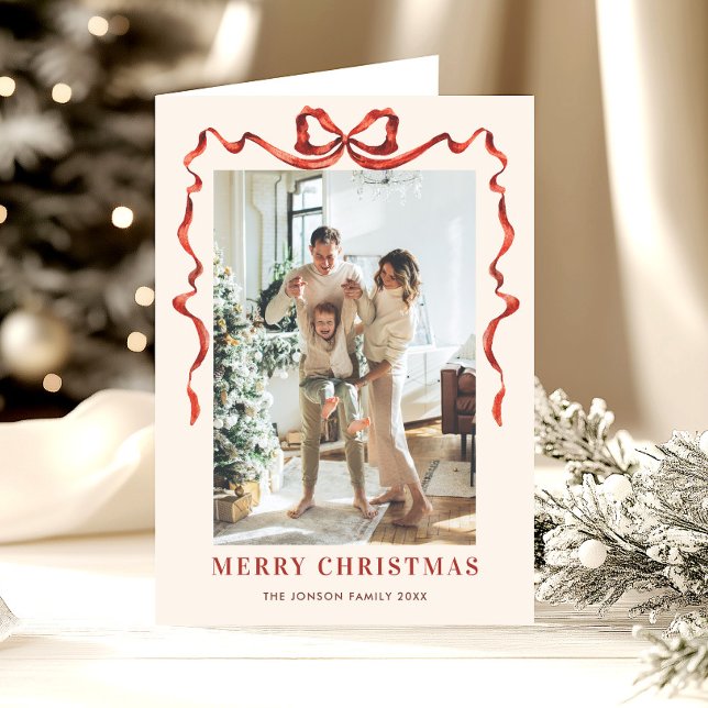 Cartes Pour Fêtes Annuelles 3 Photo Festif Noël Boho Red Bow Ribbon (Créateur téléchargé)