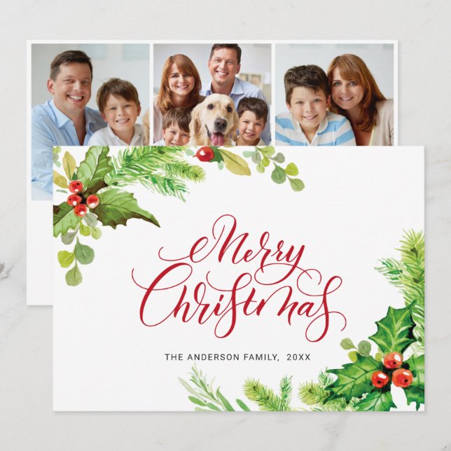 Cartes Pour Fêtes Annuelles 3 PHOTO Festive Holly Berry voeux de Noël (Devant / Derrière)