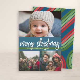 Cartes Pour Fêtes Annuelles 3 Photo Joyeux Noël - bleu vert rayures rétro