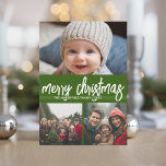 Cartes Pour Fêtes Annuelles 3 Photo Joyeux Noël - rouge vert rayures rétro<br><div class="desc">Un accueil de vacances joyeuses et lumineuses avec un accueil de calligraphie mod. Une atmosphère moderne du milieu du siècle avec motif à rayures rétro à l'arrière. Ce design non traditionnel est une nouvelle approche qui fera ressortir vos photos de famille.</div>