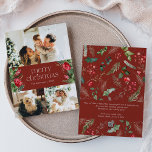 Cartes Pour Fêtes Annuelles 3 Photo Message personnalisé Noël botanique rouge<br><div class="desc">Cette collection présente des fleurs rouges aquarelles,  des baies et de la verdure hivernale avec une typographie moderne et élégante,  avec un motif botanique d'hiver.</div>