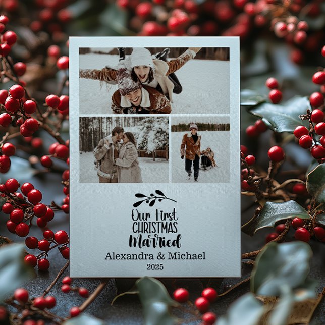 Cartes Pour Fêtes Annuelles 3 Photo Minimialist Our First Christmas Married (Créateur téléchargé)