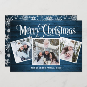 Cartes Pour Fêtes Annuelles 3 PHOTO Noël Rustique Bleu Bois Salutation