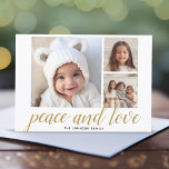 Cartes Pour Fêtes Annuelles 3 Photo Noël Script Gold Damask Peace Love<br><div class="desc">Utilisez trois photos carrés et faites un accueil unique et branché Joyeux Noël avec un élégant motif sur le dos. L'accueil est présenté dans une calligraphie moderne et rebondissante qui peut être changée pour répondre à votre dicton préféré. Si vous avez besoin de déplacer quelque chose, cliquez sur le bouton...</div>