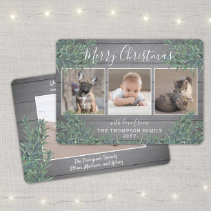 Cartes Pour Fêtes Annuelles 3 Photo Noël Vert et gris rustique Bois