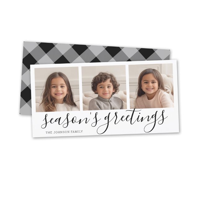 Cartes Pour Fêtes Annuelles 3 Photo - Noir Calligraphie Plaid Seasons Salutati (3 Photo online Christmas card, minimal design, modern script, buffalo plaid)