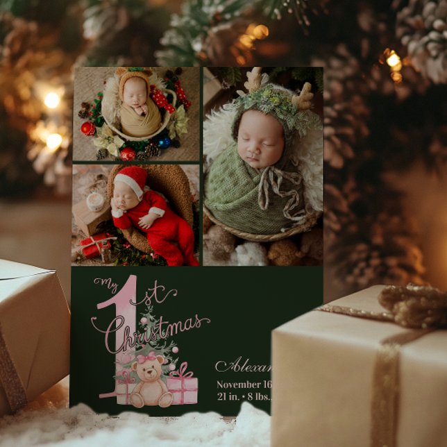 Cartes Pour Fêtes Annuelles 3 Photo Pink Green Baby First Christmas (Créateur téléchargé)