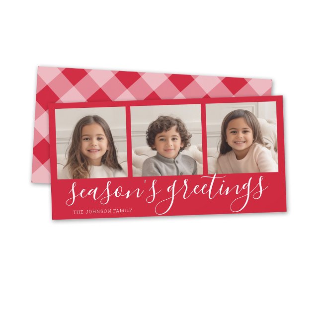 Cartes Pour Fêtes Annuelles 3 Photo - Rouge Calligraphie Plaid Seasons Salutat (3 Photo online Christmas card, minimal design, modern script, buffalo plaid)