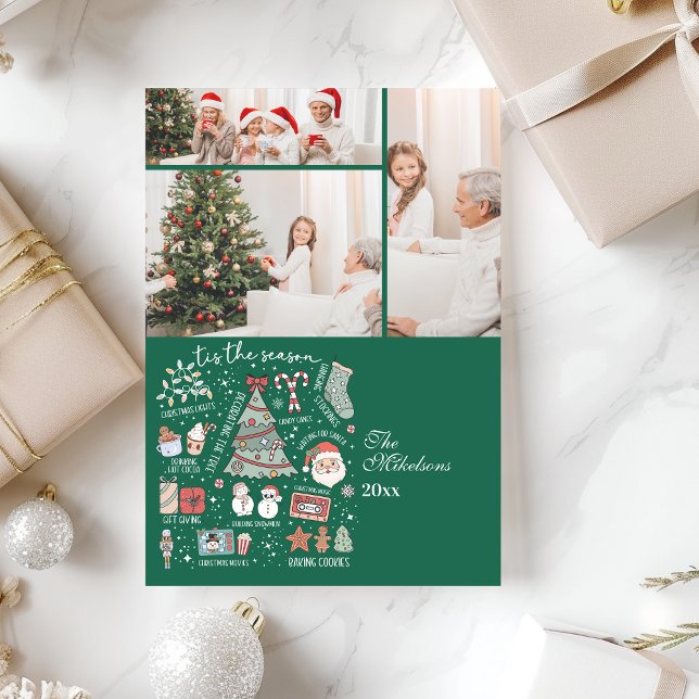 Cartes Pour Fêtes Annuelles 3 Photo Tis The Season Retro Green Christmas (Créateur téléchargé)