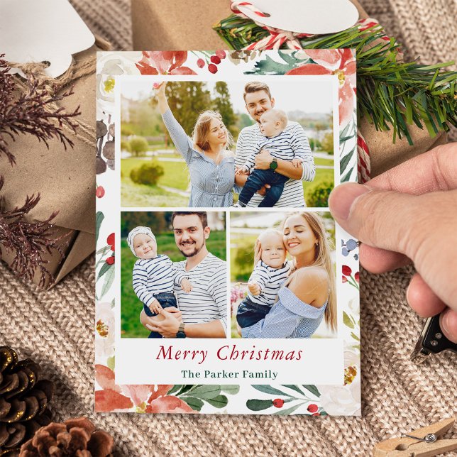 Cartes Pour Fêtes Annuelles 3 Photos Collage Joyeux Noël Poinsettia Floral (Créateur téléchargé)