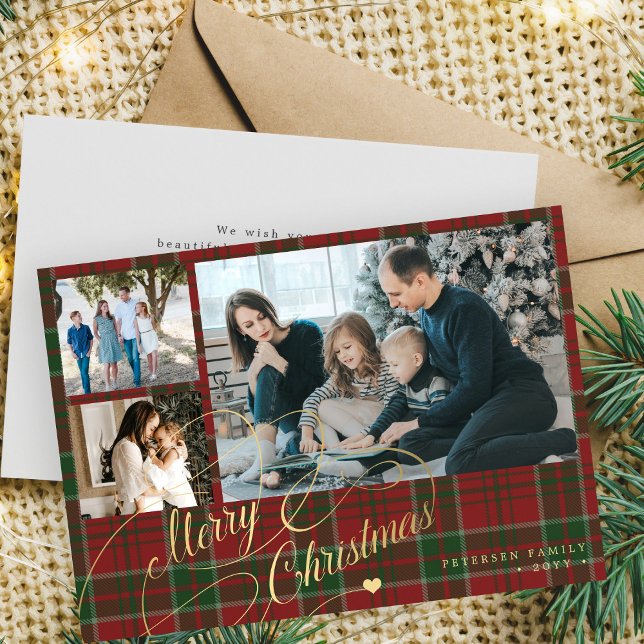 Cartes Pour Fêtes Annuelles 3 photos Joyeux Noël élégant script rouge plaid (Créateur téléchargé)