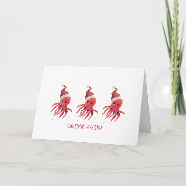 Cartes Pour Fêtes Annuelles 3 poulpe mignon Chapeau de Noël de fêtes marines (Devant)