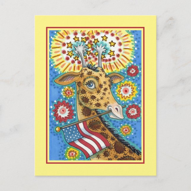 Cartes Pour Fêtes Annuelles 4 juillet GIRAFFE PATRIOTIQUE & FEU D'ENTRÉE MÊME  (Devant)