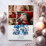 Cartes Pour Fêtes Annuelles 4 Photo Blue Snowman Premier Noël<br><div class="desc">Célébrez la première saison de vacances de votre petit avec ce design hivernal gai avec un numéro de plaid bleu, un bonhomme de neige adorable, des sucres de canne et des cadeaux épars. Customisez-le avec la photo et les détails de naissance de votre bébé pour créer un souvenir qui apporte...</div>