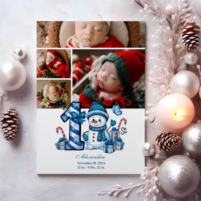 Cartes Pour Fêtes Annuelles 4 Photo Blue Snowman Premier Noël (Créateur téléchargé)