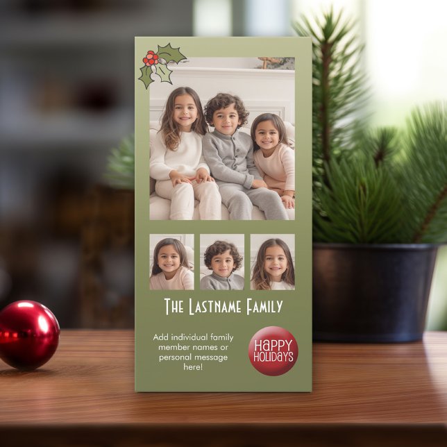 Cartes Pour Fêtes Annuelles 4 Photo Chrismtas Collage - Retro Holly (Add 4 Photos to this online Christmas Card )