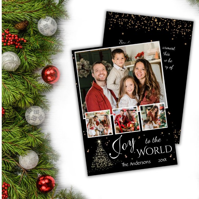 Cartes Pour Fêtes Annuelles 4 photo collage Joy to the world noir Noël (Front/Back )