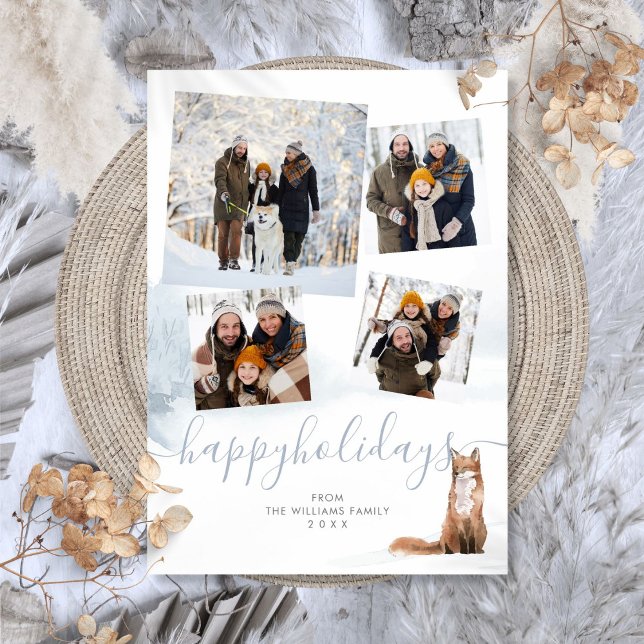 Cartes Pour Fêtes Annuelles 4 Photo Collage Joyeuses Vacances Hiver Renard boi (4 Photo Collage Happy Holidays Winter Woodland Fox Holiday Card)