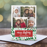 Cartes Pour Fêtes Annuelles 4 Photo Collage - Joyeux Noël Botanique Rouge<br><div class="desc">Ajoutez des photos de famille à ce design élégant et tendance. Cela peut être utilisé pour n'importe quel salut de Noël - fêtes heureuses, Bonnes Fêtes et plus encore. L'avant comprend 4 photos dans un collage moderne avec une police de script tendance. Le dos comprend un motif botanique moderne en...</div>