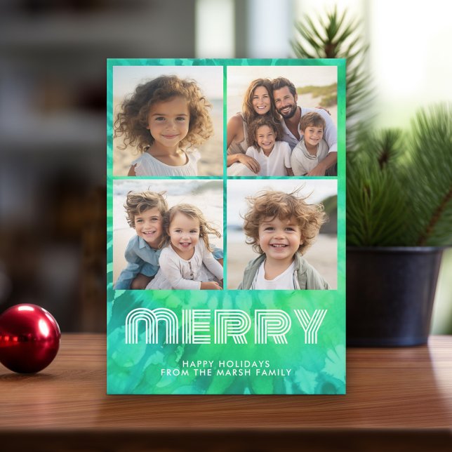 Cartes Pour Fêtes Annuelles 4 Photo Collage - retro MERRY - Cravate-Dye Turquo (Retro Tie Dye Pattern Christmas Card. Add a little color to your holiday with this online photo card)