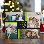 Cartes Pour Fêtes Annuelles 4 Photo collage vert noir Peace Love Joy<br><div class="desc">Paix - Amour - Joie - Que vos jours soient joyeux et lumineux. Ajoutez vos informations personnelles pour créer une carte postale de créateur de Noël personnalisée. CONSEIL PHOTO : Si vous téléchargez vos photos et qu'elles ne correspondent pas, cliquez sur le bouton CUSTOMISER CETTE. Cela peut prendre un peu...</div>