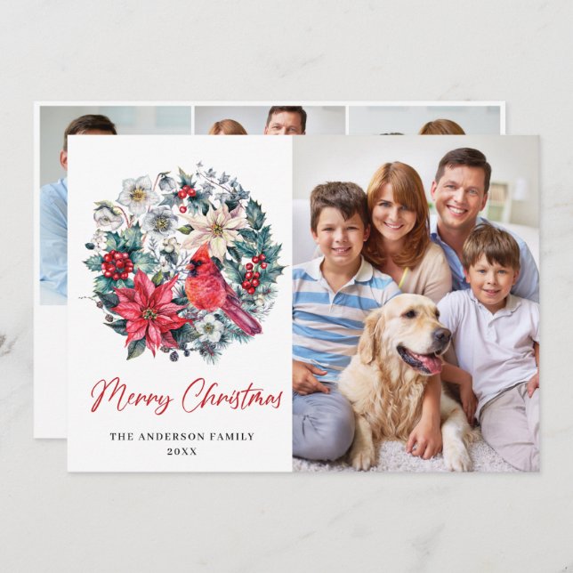 Cartes Pour Fêtes Annuelles 4 PHOTO Holly Berry Cardinal Poinsettia Noël (Devant / Derrière)