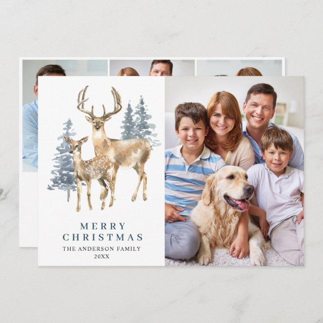 Cartes Pour Fêtes Annuelles 4 PHOTO Noël Elégant cerf sapin (Devant / Derrière)