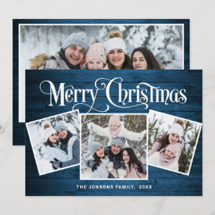 Cartes Pour Fêtes Annuelles 4 PHOTO Noël Rustique Bleu Bois Salutation