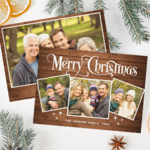 Cartes Pour Fêtes Annuelles 4 PHOTO Noël Rustique Brown Bois Salutation Boho