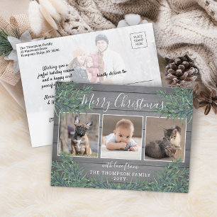 Cartes Pour Fêtes Annuelles 4 Photo Noël Verdure & Bois gris rustique