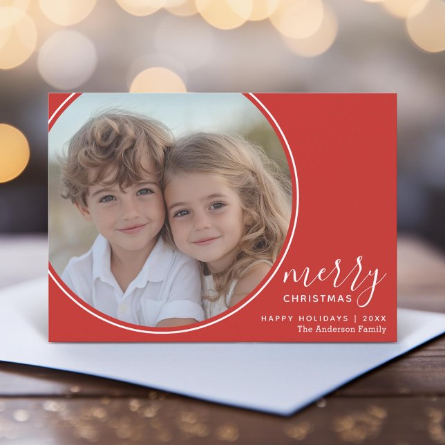 Cartes Pour Fêtes Annuelles 4 Photo Rouge Blanc manuscrit Joyeux Noël (Unique Photo Card)