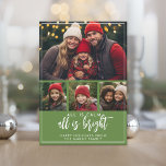 Cartes Pour Fêtes Annuelles 4 Photo Tout est calme Bright Script Vert Noël<br><div class="desc">Une photo horizontale et 3 photos carrés — Une excellente option de téléchargement instantané avec toutes les photos et salutations sur un côté. Utilisez quatre photos et faites un accueil de Noël Joyeux unique et tendance avec un motif à rayures de chevrons vert et bleu sur le dos. Si vous...</div>