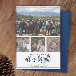 Cartes Pour Fêtes Annuelles 4 Photo - Tout est lumineux - Bleu foncé Noël<br><div class="desc">Une photo horizontale et 3 photos carrés — Utilisez quatre photos et faites un accueil de Noël joyeux et branché unique avec un motif rayé bleu marine à l'arrière. Si vous avez besoin de déplacer quelque chose,  cliquez sur le bouton personnaliser pour apporter des modifications.</div>