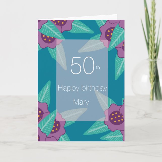 Cartes Pour Fêtes Annuelles 50 joyeux anniversaire floral bleu turquoise moder (Devant)