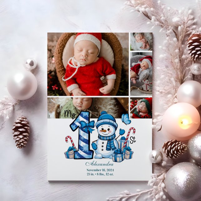 Cartes Pour Fêtes Annuelles 5 Photo Blue Snowman Premier Noël (Créateur téléchargé)