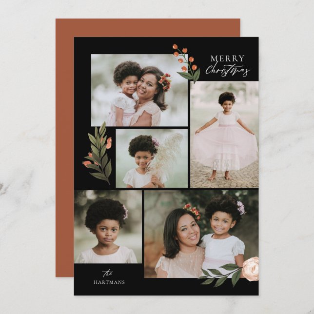 Cartes Pour Fêtes Annuelles 5 Photo Collage Terracotta Boho Noël Floral (Devant / Derrière)